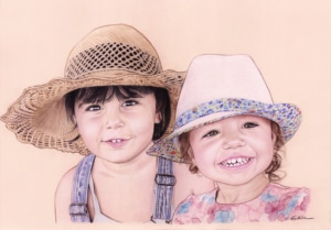 Portrait dessin d'après photos de petites filles en couleur