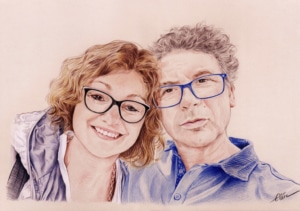 Portrait dessin d'un couple à lunettes en couleur
