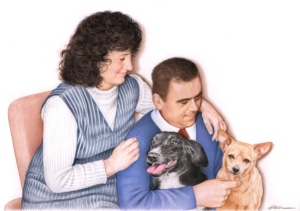 Portrait dessin d'un couple avec leurs deux chiens en couleur