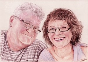 Portrait dessin d'un couple de retraités à lunettes