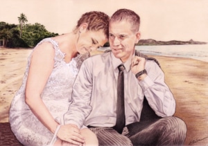 Portrait dessin d'un couple marié sur une plage de Mayotte