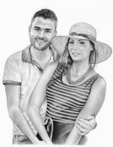 Portrait dessin d'un jeune couple enlacé en noir et blanc