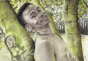 Portrait dessin d'un jeune homme posant en extérieur
