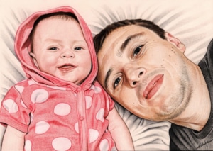 Portrait dessin d'un jeune papa avec son bébé