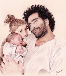 Portrait dessin d'un papa avec ses deux enfants en couleur