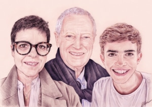 Portrait dessin d'un père avec sa fille et son petit-fils