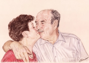 Portrait dessin d'un vieux couple s'embrassant