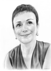 Portrait dessin d'une femme aux cheveux courts en noir et blanc
