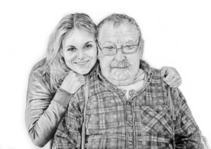 Portrait dessin d'une jeune femme posant avec son grand-père