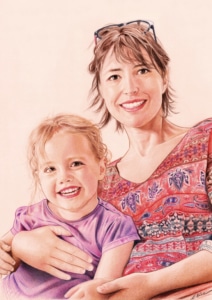 Portrait dessin d'une maman avec sa fille en couleur