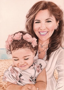 Portrait dessin d'une maman avec sa petite fille en couleur