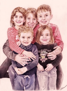 Portrait dessin d'une maman avec ses quatre enfants