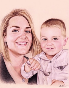 Portrait dessin d'une maman avec son fils en couleur