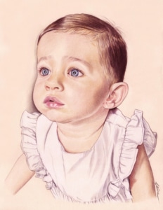 Portrait dessin d'une petite fille en robe de baptême