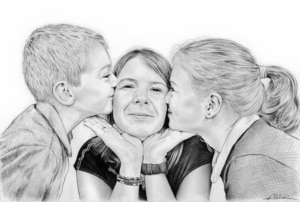 Portrait dessin de deux enfants embrassant leur maman