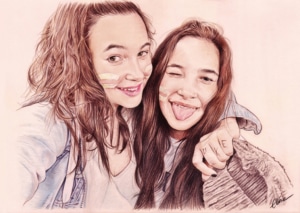 Portrait dessin de deux sœurs enlacées
