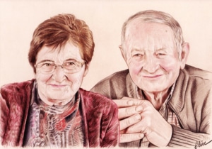 Portrait dessin de grands-parents en couleur