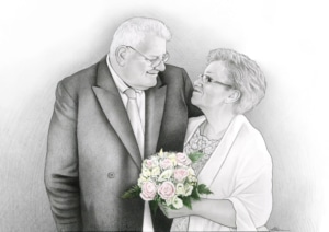 Portrait dessin de grands-parents en noir et blanc