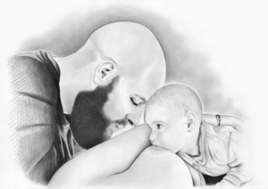 Portrait dessin de parents avec leur bébé en noir et blanc