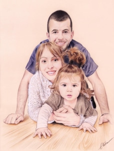 Portrait dessin de parents avec leur fille en couleur