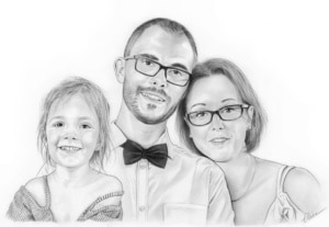 Portrait dessin de parents avec leur fille en noir et blanc