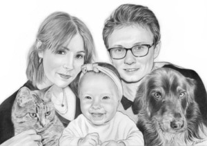 Portrait dessin de parents avec leur fille et leur chien en noir et blanc