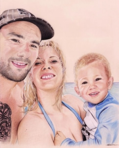 Portrait dessin de parents avec leur fils en couleur