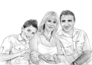 Portrait dessin de parents avec leur fils en noir et blanc