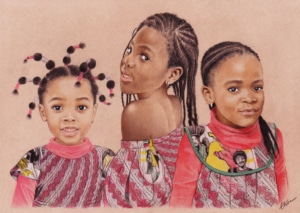 Portrait dessin de trois petites filles africaines en couleur