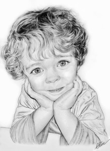 Portrait dessin en noir et blanc d'un enfant accoudé