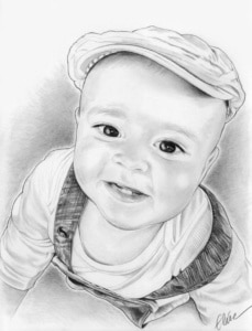 Portrait dessin en noir et blanc d'un petit garçon avec un béret