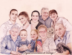 Portrait dessin familial pour un anniversaire de mariage