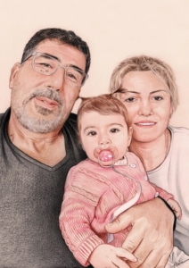 Portrait dessin de grands-parents avec leur petite fille