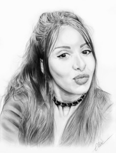 Portrait dessin d'une jeune femme aux cheveux longs en noir et blanc