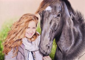 Portrait dessin d'une jeune fille rousse avec son cheval
