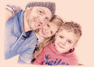 Portrait dessin d'un père avec ses deux jeunes enfants