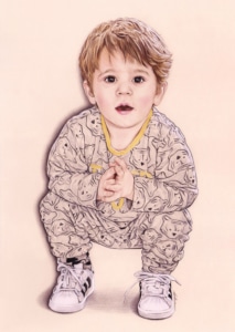 Portrait dessin d'un petit garçon accroupi en couleur
