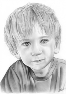 Portrait dessin d'un petit garçon aux cheveux blonds en noir et blanc