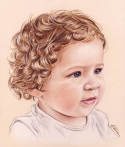 Portrait dessin d'un petit garçon aux cheveux bouclés en couleur