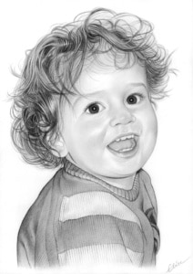 Portrait dessin d'un petit garçon aux cheveux bouclés en noir et blanc