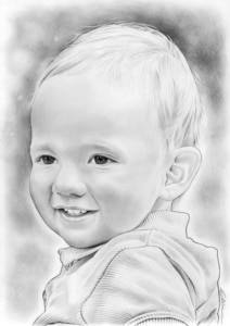 Portrait dessin d'un petit garçon souriant en noir et blanc