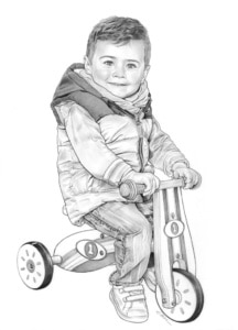 Portrait dessin d'un petit garçon sur son vélo en noir et blanc