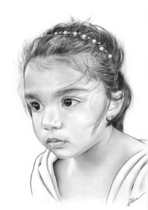 Portrait dessin d'une petite fille aux cheveux noirs