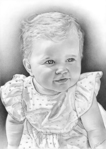 Portrait dessin d'une petite fille en robe de baptême
