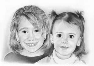 Portrait dessin de petites filles en noir et blanc