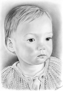 Portrait dessiné d'une petite fille en noir et blanc