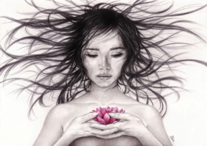 Portrait d'une femme tenant une fleur de lotus