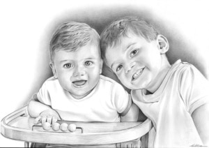 Portrait dessin de deux petits garçons en noir et blanc