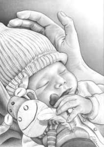 Portrait dessin de naissance d'un bébé en noir et blanc