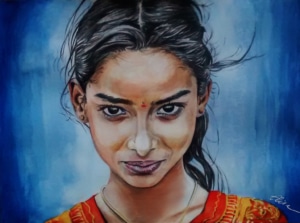 Dessin portrait d'une petite fille indienne aux yeux noirs